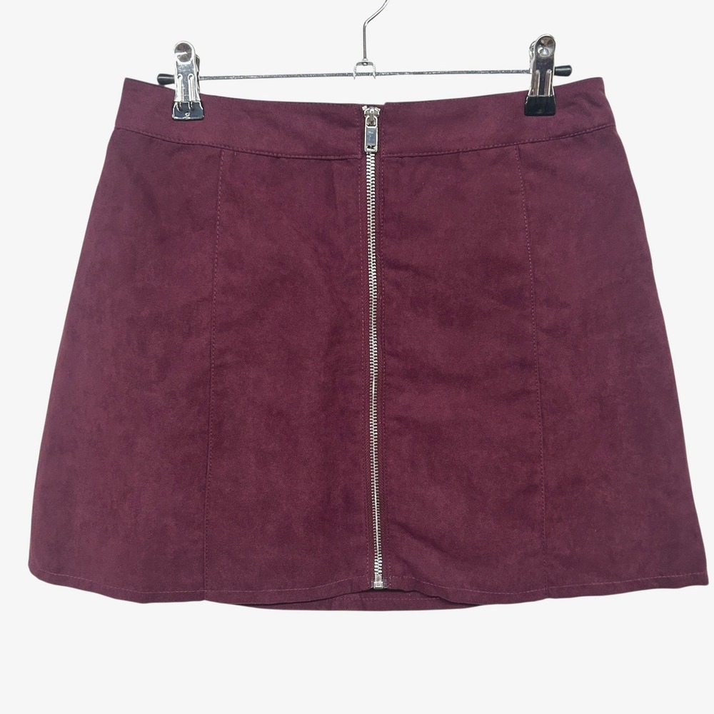 Faux Suede Zip Mini Skirt 8 Burgundy A Line 70s Revival Indie‎ Utility Retro